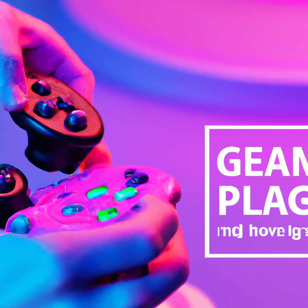 Close-up of hands on a controller, neon arcade backdrop